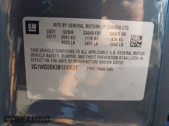 2011 Chevrolet Impala LT Fleet with VIN 2G1WG5EK3B1243637, listed as a IAAI auction lot 42597593 with 174,440 mi miles and . Bid and sale history available at DreamBid. Image 9.
