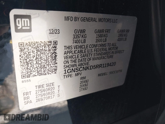 2024 Chevrolet Tahoe LT with VIN 1GNSCNKD5RR119420, listed as a IAAI auction lot 42099843 with 25,528 mi miles and . Bid and sale history available at DreamBid. Image 9.
