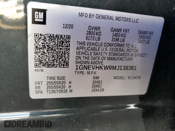 2021 Chevrolet Traverse LT Leather with VIN 1GNEVHKW9MJ138361, listed as a Copart auction lot 76510873 with 53,419 mi miles. Bid and sale history available at carsss.com. Image 13.