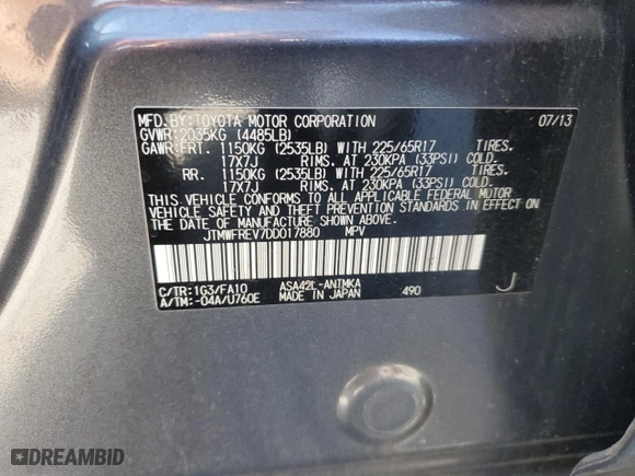 2013 Toyota RAV4 XLE with VIN JTMWFREV7DD017880, listed as a Copart auction lot 49409545 with 229,231 mi miles and Salvage Title. Bid and sale history available at carsss.com. Image 14.
