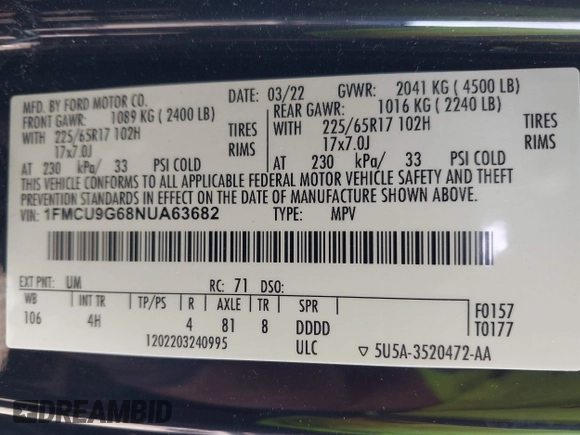 2022 Ford Escape SE z VIN 1FMCU9G68NUA63682, wystawiony jako IAAI lot #40468213 z przebiegiem 52 278 mil mil oraz . Historia ofert i sprzedaży dostępna na DreamBid. Obrazek 9.