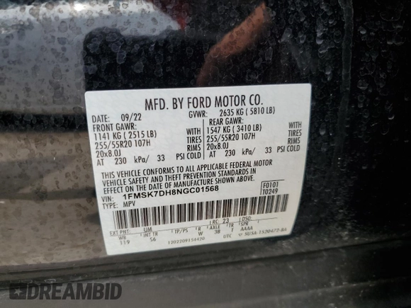2022 Ford Explorer XLT с VIN 1FMSK7DH8NGC01568, выставлен на аукционе Copart как лот 62544545 с пробегом Не указан миль и Списание • Salvage title. История ставок и продаж доступна на DreamBid. Изображение 13.