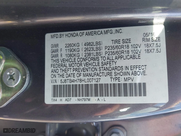 2017 Acura RDX w/Advance Pkg with VIN 5J8TB4H78HL007127, listed as a IAAI auction lot 41996855 with 94,468 mi miles. Bid and sale history available at carsss.com. Image 9.