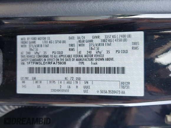 2024 Ford F-150 XLT with VIN 1FTFW3LD1RFA75938, listed as a Copart auction lot 78947444 with 14,674 mi miles and Salvage Title. Bid and sale history available at carsss.com. Image 12.