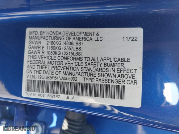 2022 Acura TLX w/A-Spec Package with VIN 19UUB5F54NA005992, listed as a IAAI auction lot 41709228 with 22,134 mi miles. Bid and sale history available at carsss.com. Image 9.