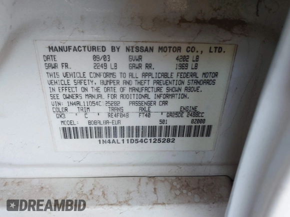 2004 Nissan Altima S with VIN 1N4AL11D54C125282, listed as a IAAI auction lot 41583316 with 180,866 mi miles. Bid and sale history available at carsss.com. Image 9.
