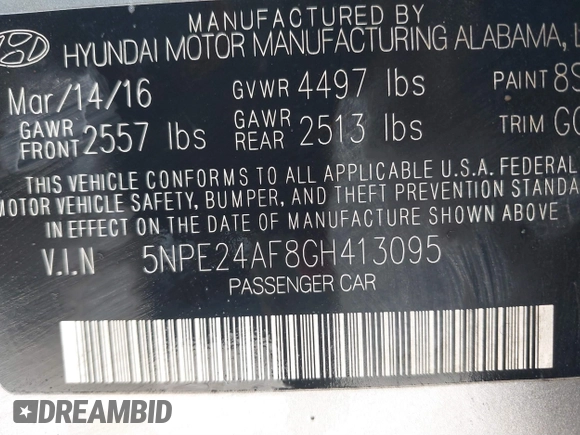 2016 Hyundai Sonata SE with VIN 5NPE24AF8GH413095, listed as a IAAI auction lot 41695202 with 136,175 mi miles and . Bid and sale history available at DreamBid. Image 9.