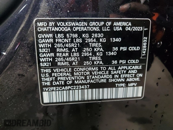 2023 Volkswagen Atlas SEL Premium R-Line с VIN 1V2FE2CA8PC223437, выставлен на аукционе Copart как лот 84417584 с пробегом 25 368 миль миль и Списание • Salvage title. История ставок и продаж доступна на DreamBid. Изображение 15.