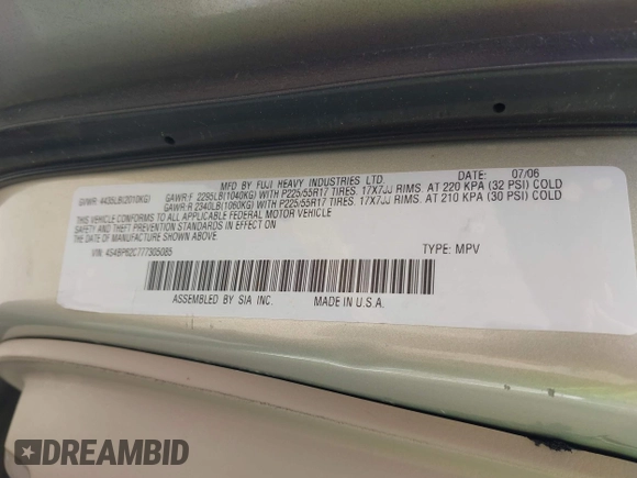 2007 Subaru Legacy Outback Limited with VIN 4S4BP62C777305085, listed as a IAAI auction lot 42432794 with 124,302 mi miles and . Bid and sale history available at DreamBid. Image 9.