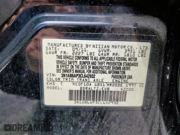 2012 Nissan Sentra SR with VIN 3N1AB6AP3CL642932, listed as a Copart auction lot 63324795 with 195,820 mi miles and Salvage title. Bid and sale history available at DreamBid. Image 13.