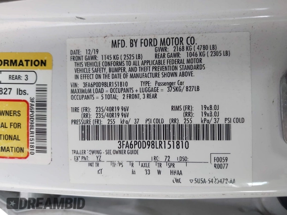 2020 Ford Fusion Titanium с VIN 3FA6P0D98LR151810, выставлен на аукционе IAAI как лот 42590902 с пробегом 76 624 миль миль и . История ставок и продаж доступна на DreamBid. Изображение 9.