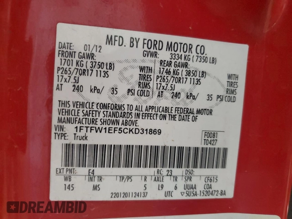2012 Ford F-150 XL with VIN 1FTFW1EF5CKD31869, listed as a Copart auction lot 44601225 with 300,537 mi miles and Clean title. Bid and sale history available at DreamBid. Image 12.