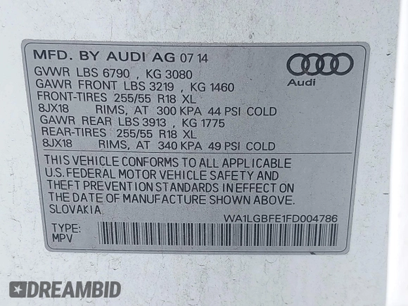 2015 Audi Q7 Premium Plus with VIN WA1LGBFE1FD004786, listed as a IAAI auction lot 42726311 with 245,611 mi miles and . Bid and sale history available at DreamBid. Image 9.