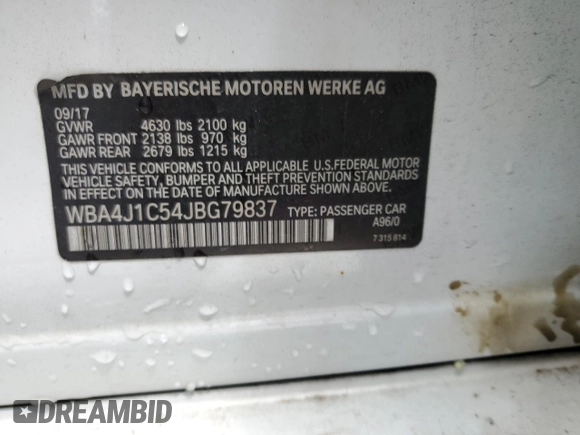 2018 BMW 4 Series 430i with VIN WBA4J1C54JBG79837, listed as a Copart auction lot 61041275 with 106,541 mi miles and Salvage title. Bid and sale history available at DreamBid. Image 13.