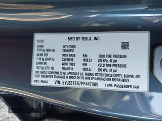 2023 Tesla Model 3 with VIN 5YJ3E1EA7PF447409, listed as a IAAI auction lot 41965416 with 40,033 mi miles and . Bid and sale history available at DreamBid. Image 9.
