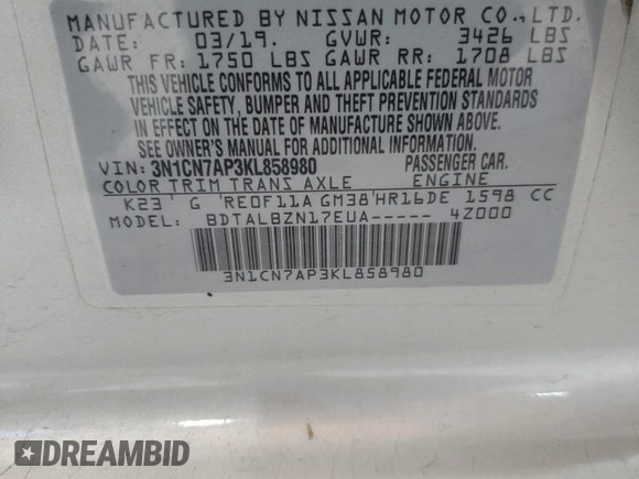 2019 Nissan Versa SV with VIN 3N1CN7AP3KL858980, listed as a Copart auction lot 61161385 with 47,304 mi miles and Salvage title. Bid and sale history available at DreamBid. Image 13.