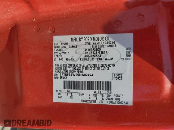 2005 Ford F-150 XL with VIN 1FTRF14W25NA82494, listed as a Copart auction lot 63276715 with 95,651 mi miles and Clean title. Bid and sale history available at DreamBid. Image 12.