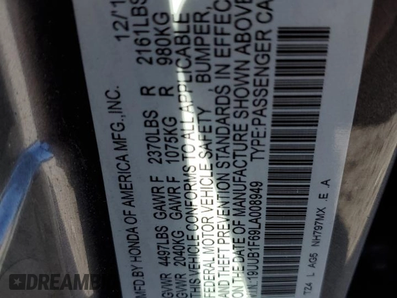 2020 Acura TLX w/A-Spec Pkg with VIN 19UUB1F69LA008949, listed as a Copart auction lot 82822814 with 57,244 mi miles and Non Repairable. Bid and sale history available at carsss.com. Image 13.