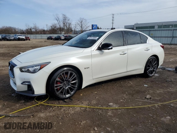 2018 Infiniti Q50 Red Sport 400 with VIN JN1FV7AR2JM480539, listed as a Copart auction lot 49141695 with 81,523 mi miles and Salvage Title. Bid and sale history available at DreamBid. Image 1.