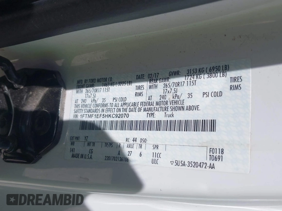 2017 Ford F-150 XL with VIN 1FTMF1EF5HKC92070, listed as a IAAI auction lot 42320139 with 126,293 mi miles and . Bid and sale history available at DreamBid. Image 9.
