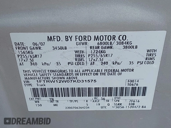 2007 Ford F-150 XLT with VIN 1FTRW12W07KD31575, listed as a IAAI auction lot 42278748 with 140,852 mi miles and . Bid and sale history available at DreamBid. Image 9.