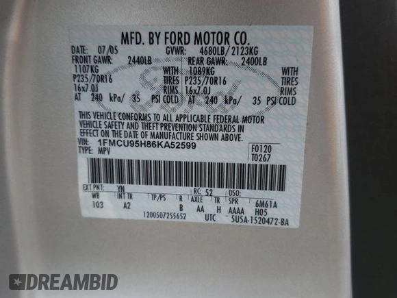2006 Ford Escape Hybrid with VIN 1FMCU95H86KA52599, listed as a Copart auction lot 81271374 with 188,355 mi miles and Salvage title. Bid and sale history available at DreamBid. Image 14.
