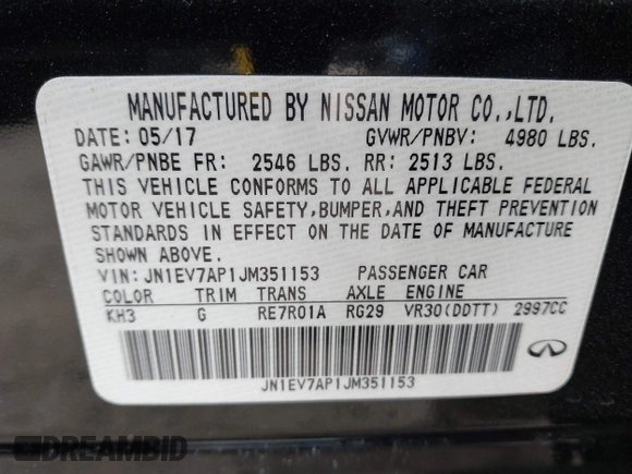 2018 Infiniti Q50 3.0t LUXE with VIN JN1EV7AP1JM351153, listed as a IAAI auction lot 41589119 with 103,915 mi miles. Bid and sale history available at carsss.com. Image 9.