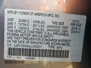 2020 Acura MDX Technology with VIN 5J8YD3H53LL005531, listed as a Copart auction lot 65921895 with 22,525 mi miles and Salvage title. Bid and sale history available at DreamBid. Image 14.