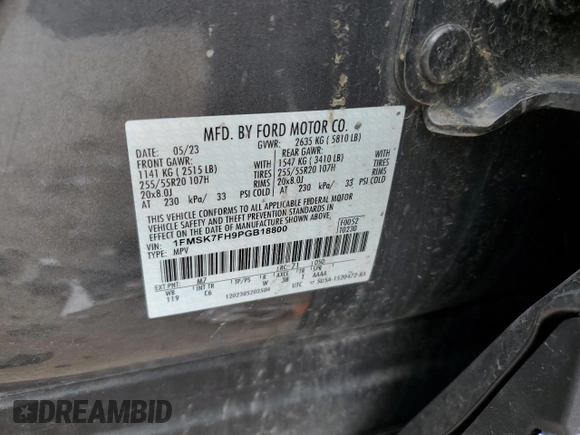 2023 Ford Explorer Limited with VIN 1FMSK7FH9PGB18800, listed as a Copart auction lot 65338255 with Not provided miles and Non repairable. Bid and sale history available at DreamBid. Image 12.