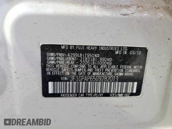 2016 Subaru Impreza Special Sports Premium with VIN JF1GPAP65G9282013, listed as a Copart auction lot 58312045 with 86,460 mi miles and Salvage title. Bid and sale history available at DreamBid. Image 13.