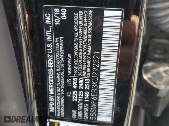 2019 Mercedes-Benz C 43 AMG with VIN 55SWF6EB3KU292221, listed as a Copart auction lot 56335835 with 38,369 mi miles and Salvage title. Bid and sale history available at DreamBid. Image 13.