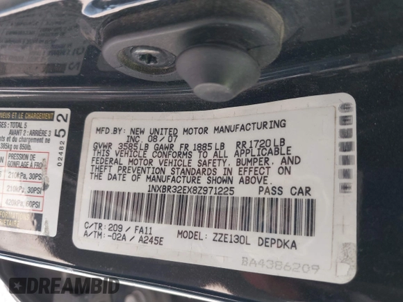 2008 Toyota Corolla CE with VIN 1NXBR32EX8Z971225, listed as a IAAI auction lot 42042659 with 189,950 mi miles and . Bid and sale history available at DreamBid. Image 9.