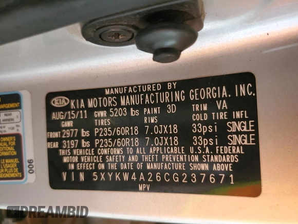 2012 Kia Sorento SX with VIN 5XYKW4A26CG237671, listed as a Copart auction lot 48226785 with 167,827 mi miles and Salvage Title. Bid and sale history available at carsss.com. Image 13.