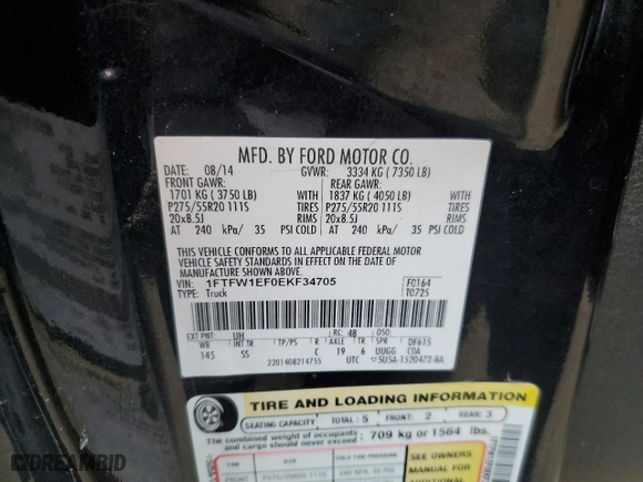 2014 Ford F-150 XL with VIN 1FTFW1EF0EKF34705, listed as a Copart auction lot 41772955 with 120,218 mi miles and Salvage Title. Bid and sale history available at carsss.com. Image 14.