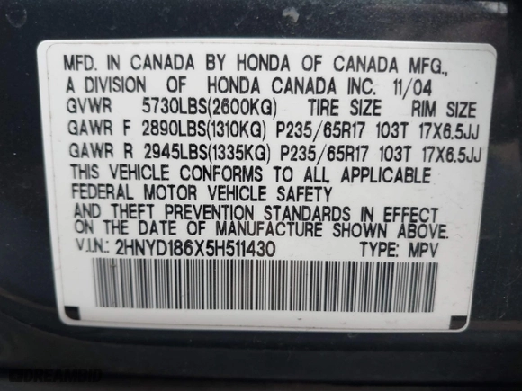 2005 Acura MDX Touring with VIN 2HNYD186X5H511430, listed as a IAAI auction lot 41529080 with 237,305 mi miles. Bid and sale history available at carsss.com. Image 9.