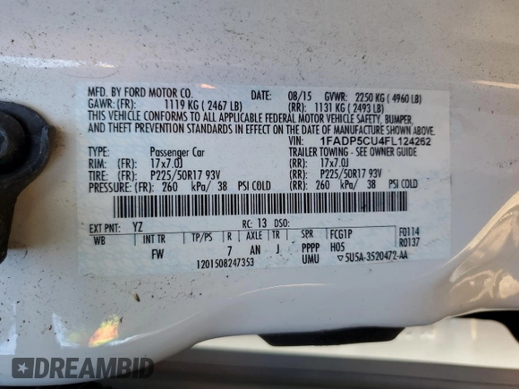 2015 Ford C-Max Energi SEL with VIN 1FADP5CU4FL124262, listed as a Copart auction lot 59207203 with 96,173 mi miles. Bid and sale history available at carsss.com. Image 12.