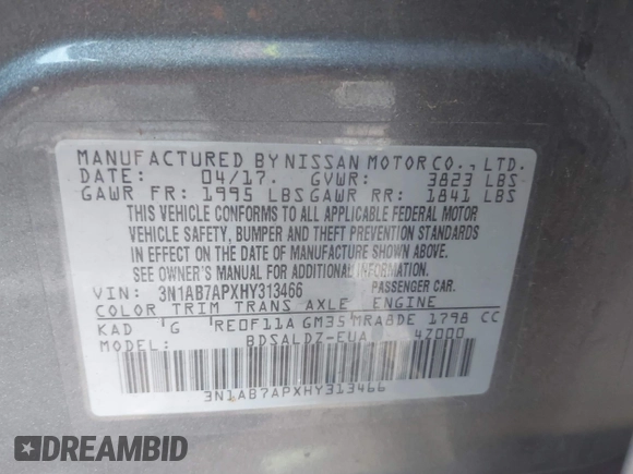 2017 Nissan Sentra S with VIN 3N1AB7APXHY313466, listed as a IAAI auction lot 41846241 with 127,262 mi miles and . Bid and sale history available at carsss.com. Image 9.
