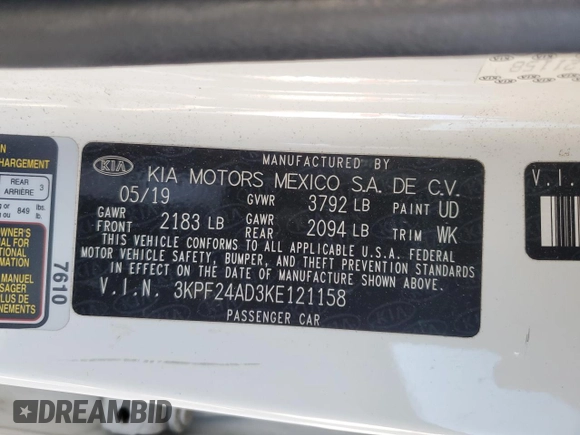 2019 Kia Forte LXS with VIN 3KPF24AD3KE121158, listed as a Copart auction lot 53329265 with 67,576 mi miles and Salvage title. Bid and sale history available at DreamBid. Image 14.