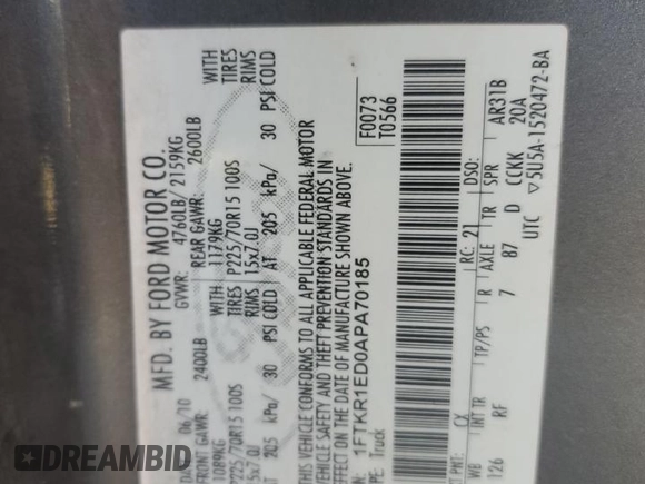 2010 Ford Ranger XL with VIN 1FTKR1ED0APA70185, listed as a Copart auction lot 88321565 with 172,379 mi miles and Salvage title. Bid and sale history available at DreamBid. Image 12.