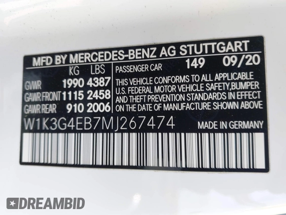 2021 Mercedes-Benz A 220 with VIN W1K3G4EB7MJ267474, listed as a IAAI auction lot 42172963 with 33,086 mi miles and . Bid and sale history available at DreamBid. Image 9.