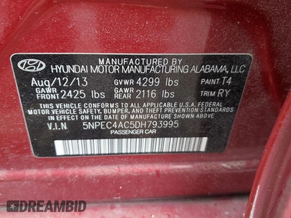 2013 Hyundai Sonata Limited with VIN 5NPEC4AC5DH793995, listed as a Copart auction lot 46710565 with 87,774 mi miles and Salvage Title. Bid and sale history available at DreamBid. Image 12.