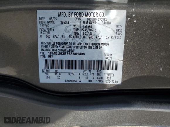 2006 Ford Explorer XLT with VIN 1FMEU63E76ZA01408, listed as a Copart auction lot 58244045 with 98,007 mi miles and Salvage title. Bid and sale history available at DreamBid. Image 13.