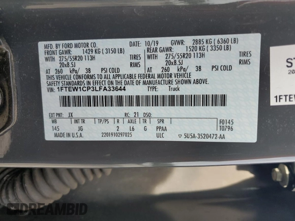 2020 Ford F-150 XL with VIN 1FTEW1CP3LFA33644, listed as a Copart auction lot 57151375 with 125,885 mi miles and Salvage title. Bid and sale history available at DreamBid. Image 12.