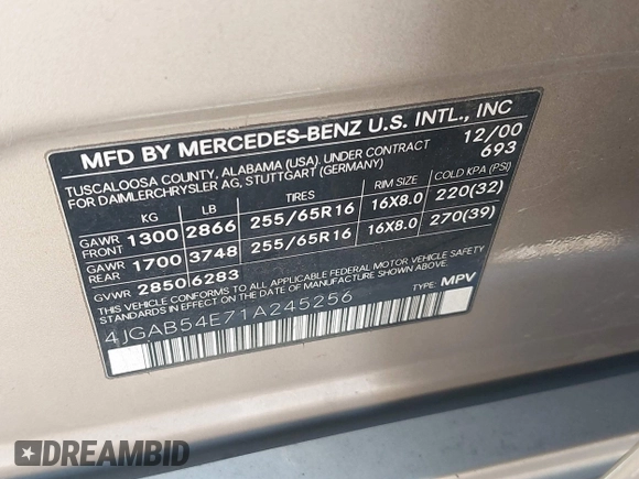 2001 Mercedes-Benz M 320/430/500 с VIN 4JGAB54E71A245256, выставлен на аукционе IAAI как лот 41697960 с пробегом 191 911 миль миль и . История ставок и продаж доступна на DreamBid. Изображение 9.