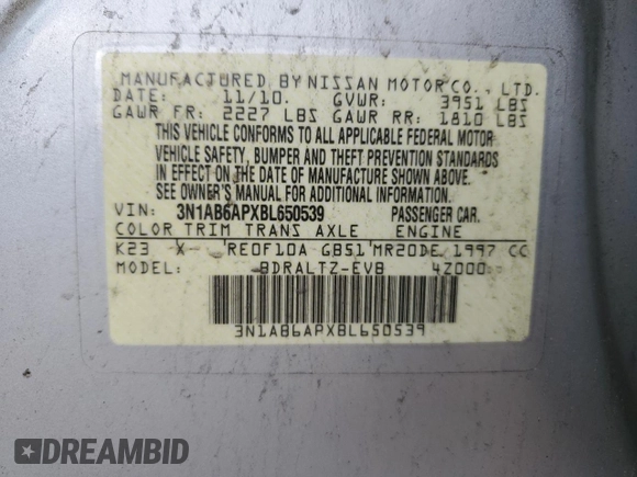 2011 Nissan Sentra 2.0 with VIN 3N1AB6APXBL650539, listed as a Copart auction lot 52760405 with Not Provided miles and Salvage Title. Bid and sale history available at DreamBid. Image 13.