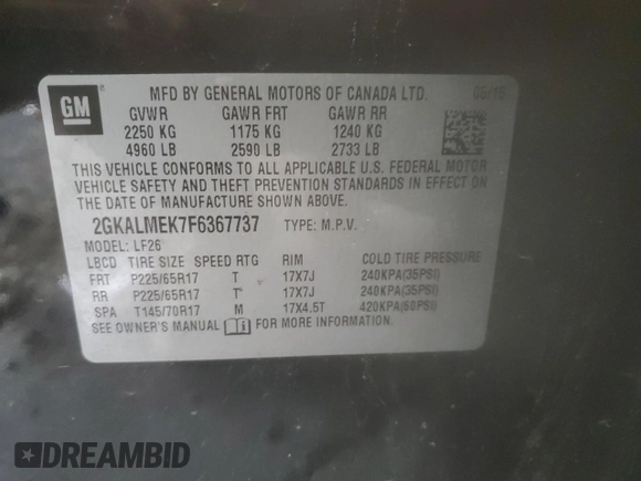 2015 GMC Terrain SLE with VIN 2GKALMEK7F6367737, listed as a Copart auction lot 63613545 with 75,133 mi miles and Non repairable. Bid and sale history available at DreamBid. Image 13.