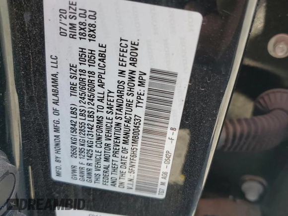 2021 Honda Pilot EX-L with VIN 5FNYF6H51MB004537, listed as a Copart auction lot 51139835 with Not Provided miles and Salvage Title. Bid and sale history available at DreamBid. Image 13.