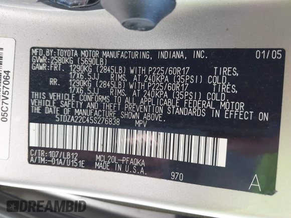 2005 Toyota Sienna XLE with VIN 5TDZA22C45S276838, listed as a IAAI auction lot 42149942 with 242,598 mi miles and . Bid and sale history available at carsss.com. Image 9.