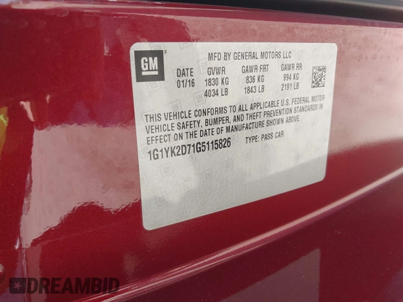 2016 Chevrolet Corvette Z51 2LT with VIN 1G1YK2D71G5115826, listed as a IAAI auction lot 42220009 with Not provided miles and . Bid and sale history available at DreamBid. Image 9.