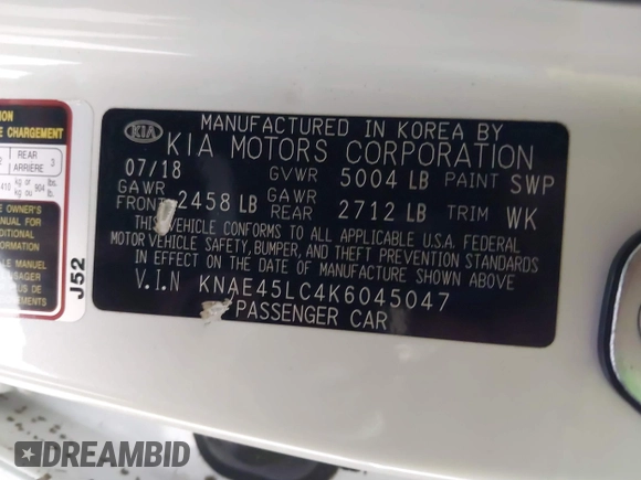 2019 Kia Stinger GT1 with VIN KNAE45LC4K6045047, listed as a IAAI auction lot 41489423 with 75,845 mi miles and . Bid and sale history available at DreamBid. Image 9.